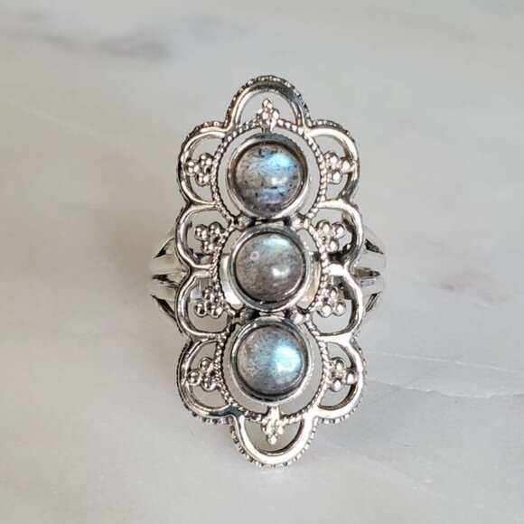 Rainbow Labradorite Ring, Sterling Silver Ring, Shield Ring, Natural Stone Ring, - Picture 4 of 6